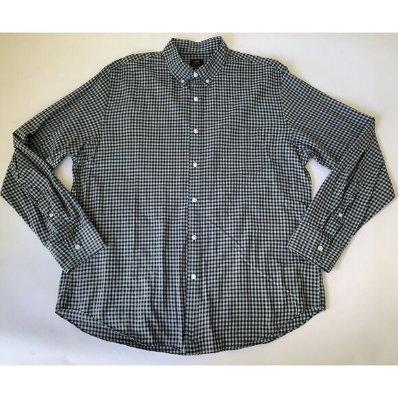J Crew Shirt Men XL Teal Gray Gingham Check Cotton Button Up Preppy Career Norm - Picture 1 of 9